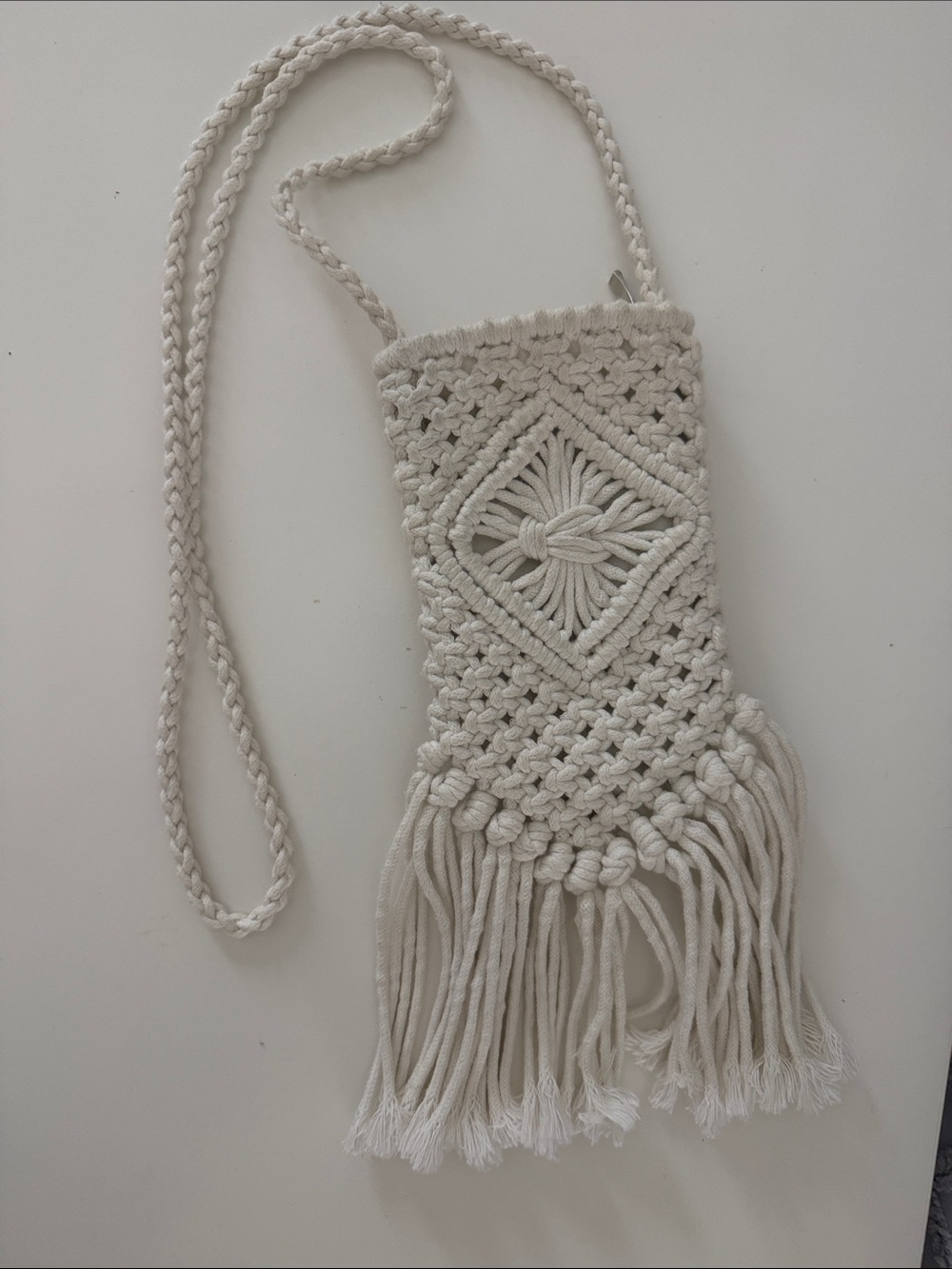 Handcrafted Cream Macramé Crossbody Bag for smartphone